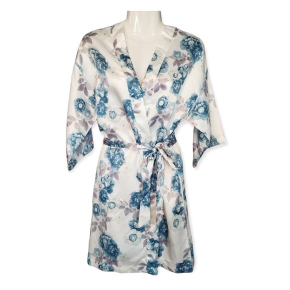 Flora Short Robe by Flora Nikrooz Intimates Satin Ivory Blue Floral Small/Medium - Picture 1 of 5